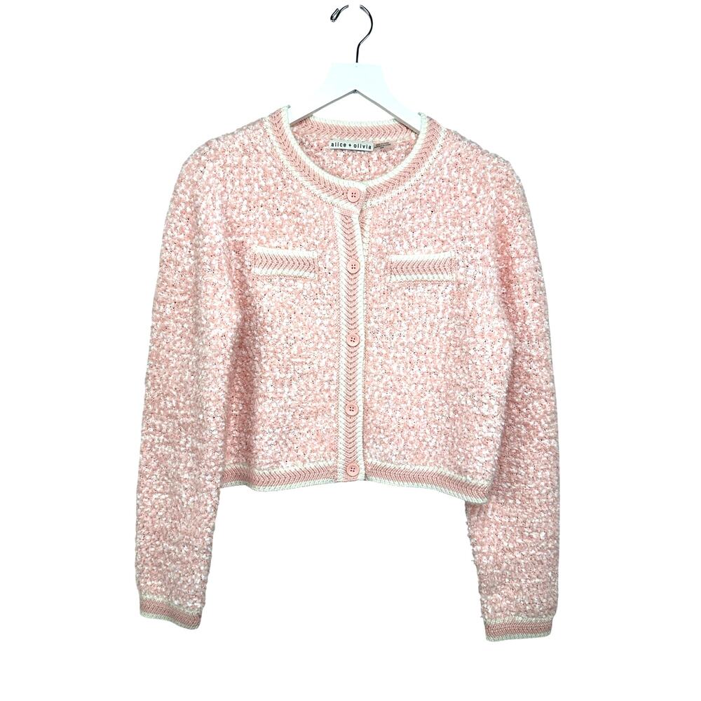 Alice + Olivia Noella Cropped Cardigan Medium Pink Boucle Knit Crew Button Front - Picture 4 of 15